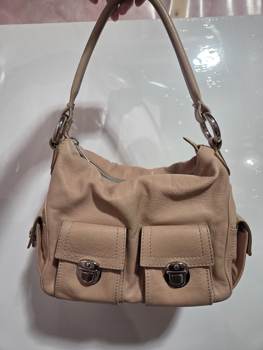 Marc Jacobs "Blake" Beige Leather Shoulder Bag with Dual Front Pockets